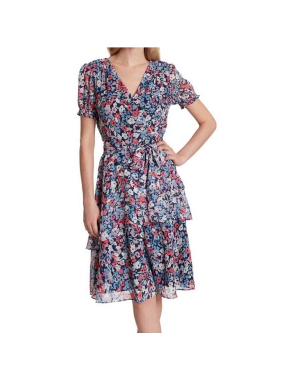 Tahari Floral Wrap Midi Dress in Blue and Pink